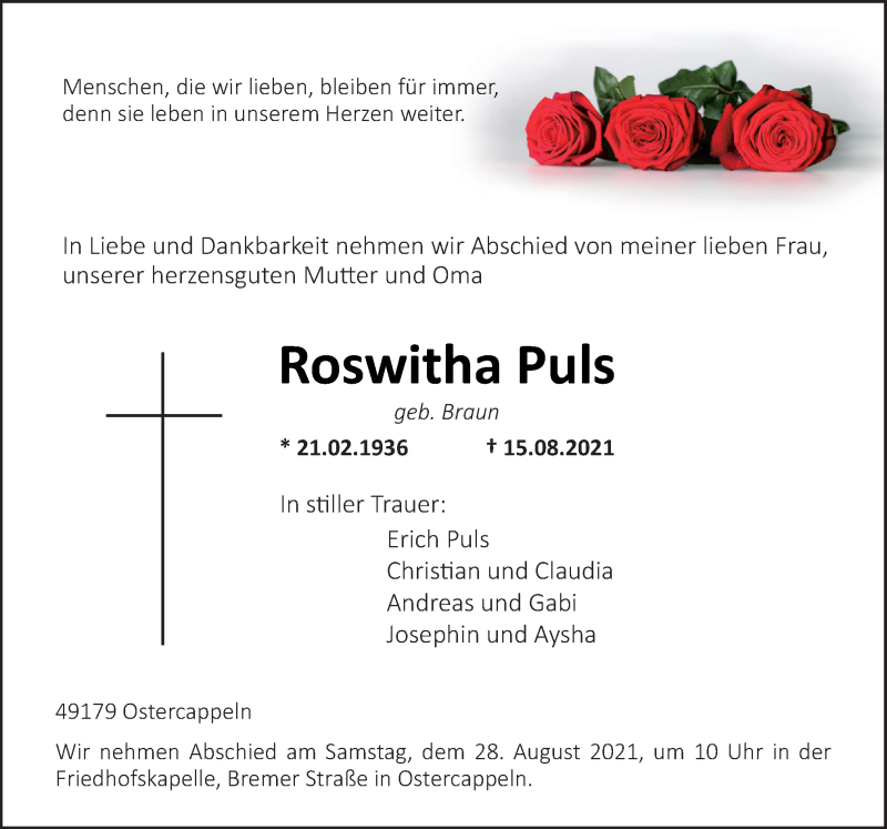  Traueranzeige für Roswitha Puls vom 21.08.2021 aus Neue Osnabrücker Zeitung GmbH & Co. KG