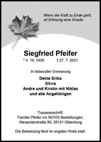 Traueranzeige von Siegfried Pfeifer von Neue Osnabrücker Zeitung GmbH & Co. KG