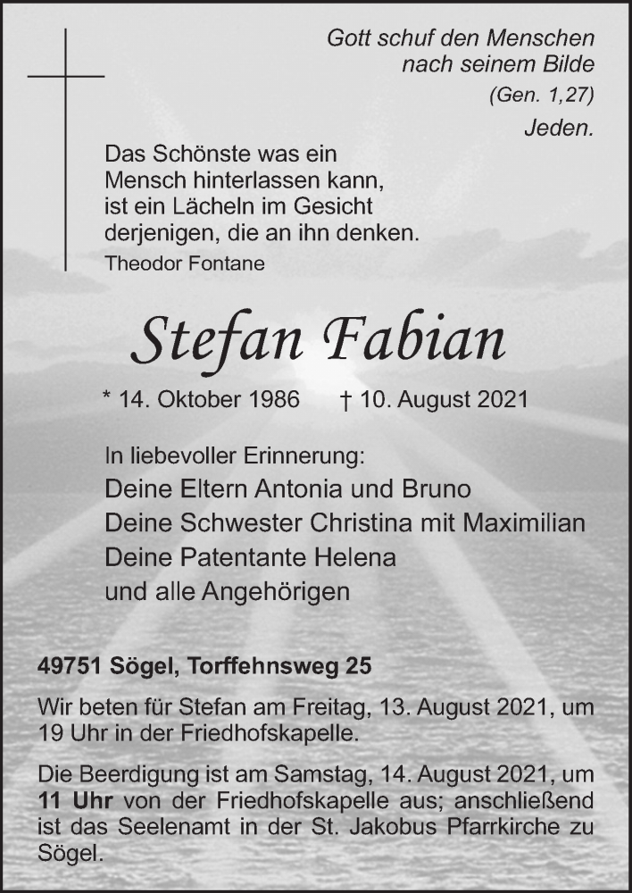  Traueranzeige für Stefan Fabian vom 13.08.2021 aus Neue Osnabrücker Zeitung GmbH & Co. KG