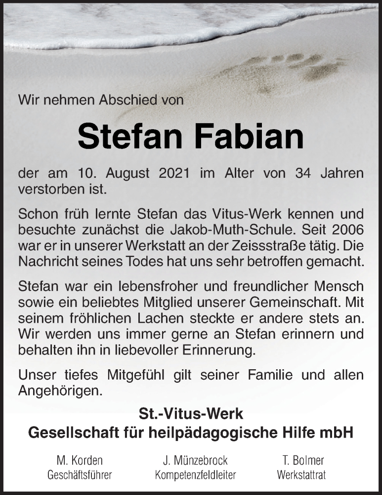  Traueranzeige für Stefan Fabian vom 18.08.2021 aus Neue Osnabrücker Zeitung GmbH & Co. KG
