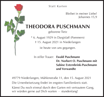 Traueranzeige von Theodora Puschmann von Neue Osnabrücker Zeitung GmbH & Co. KG