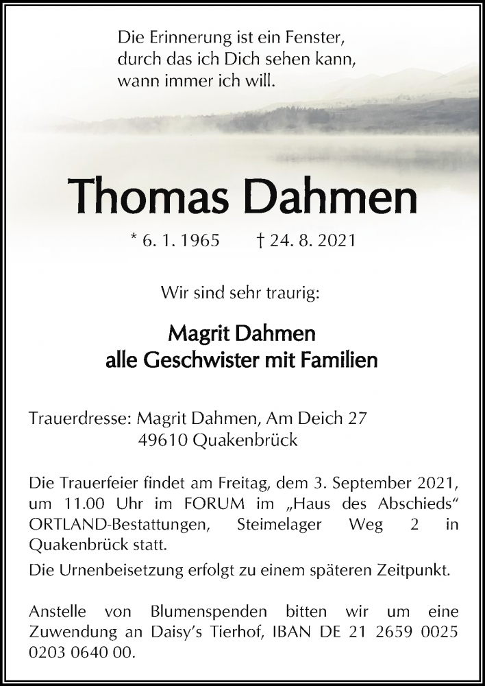  Traueranzeige für Thomas Dahmen vom 31.08.2021 aus Neue Osnabrücker Zeitung GmbH & Co. KG