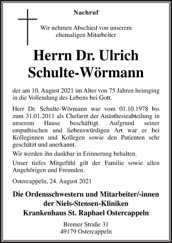 Traueranzeige von Ulrich Schulte-Wörmann von Neue Osnabrücker Zeitung GmbH & Co. KG