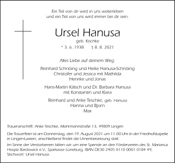 Traueranzeige von Ursel Hanusa von Neue Osnabrücker Zeitung GmbH & Co. KG