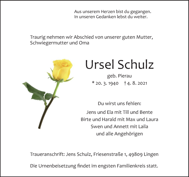  Traueranzeige für Ursel Schulz vom 07.08.2021 aus Neue Osnabrücker Zeitung GmbH & Co. KG