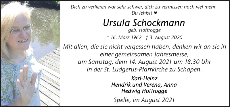  Traueranzeige für Ursula Schockmann vom 11.08.2021 aus Neue Osnabrücker Zeitung GmbH & Co. KG