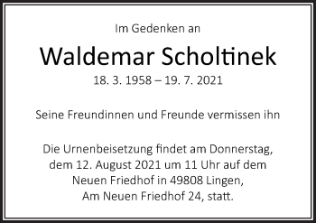 Traueranzeige von Waldemar Scholtinek von Neue Osnabrücker Zeitung GmbH & Co. KG