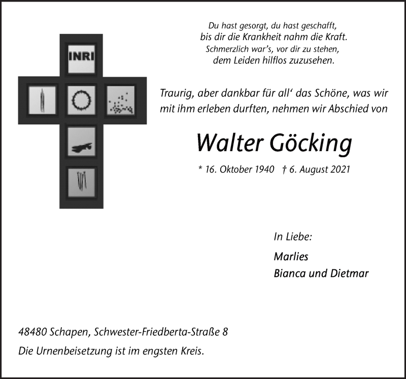  Traueranzeige für Walter Göcking vom 09.08.2021 aus Neue Osnabrücker Zeitung GmbH & Co. KG
