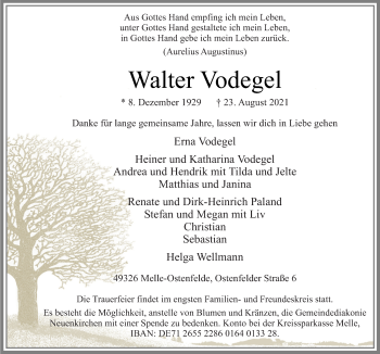 Traueranzeige von Walter Vodegel von Neue Osnabrücker Zeitung GmbH & Co. KG