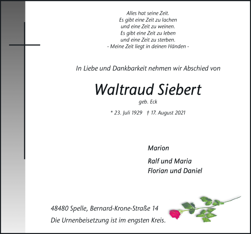  Traueranzeige für Waltraud Siebert vom 21.08.2021 aus Neue Osnabrücker Zeitung GmbH & Co. KG