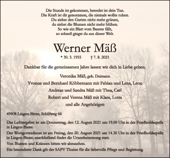 Traueranzeige von Werner Mäß von Neue Osnabrücker Zeitung GmbH & Co. KG