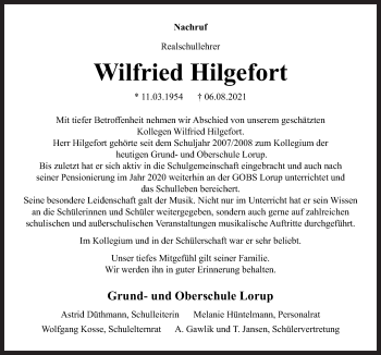 Traueranzeige von Wilfried Hilgefort von Neue Osnabrücker Zeitung GmbH & Co. KG