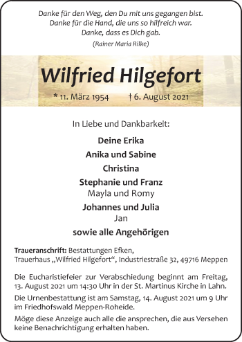 Traueranzeige von Wilfried Hilgefort von Neue Osnabrücker Zeitung GmbH & Co. KG