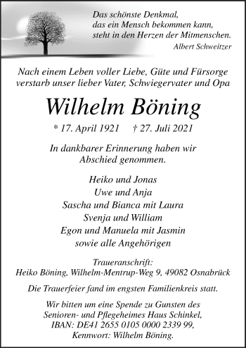 Traueranzeige von Wilhelm Böning von Neue Osnabrücker Zeitung GmbH & Co. KG