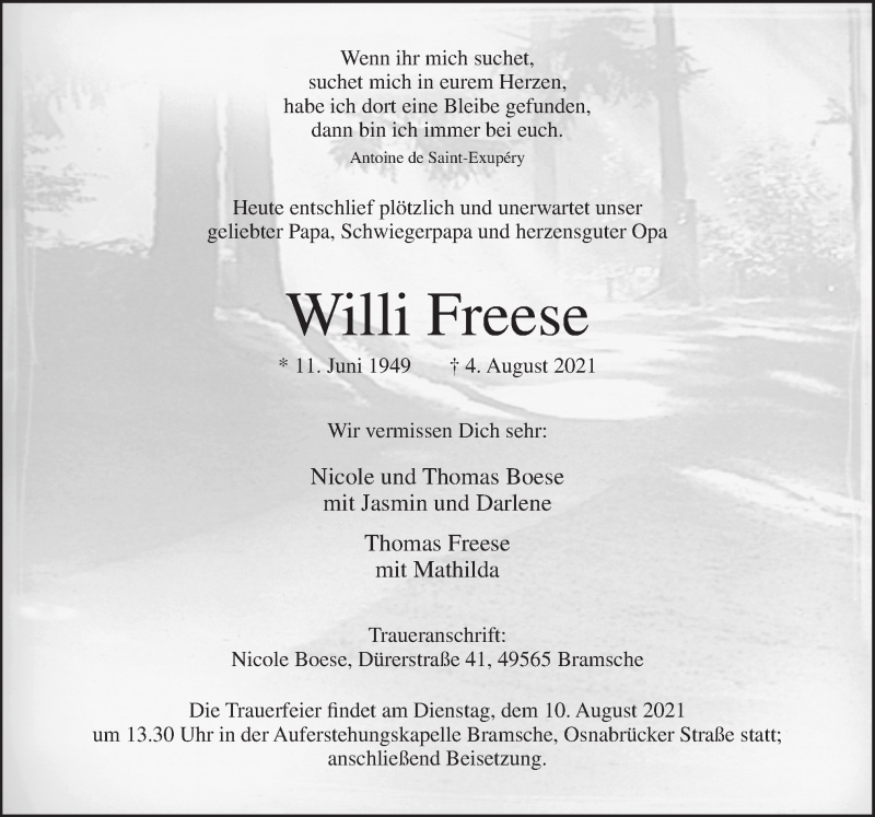  Traueranzeige für Willi Freese vom 07.08.2021 aus Neue Osnabrücker Zeitung GmbH & Co. KG