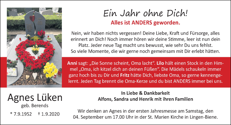  Traueranzeige für Agnes Lüken vom 01.09.2021 aus Neue Osnabrücker Zeitung GmbH & Co. KG