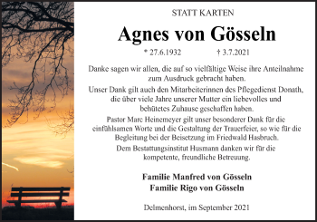 Traueranzeige von Agnes von Gösseln von Neue Osnabrücker Zeitung GmbH & Co. KG