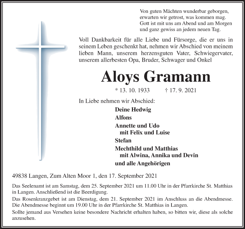  Traueranzeige für Aloys Gramann vom 21.09.2021 aus Neue Osnabrücker Zeitung GmbH & Co. KG