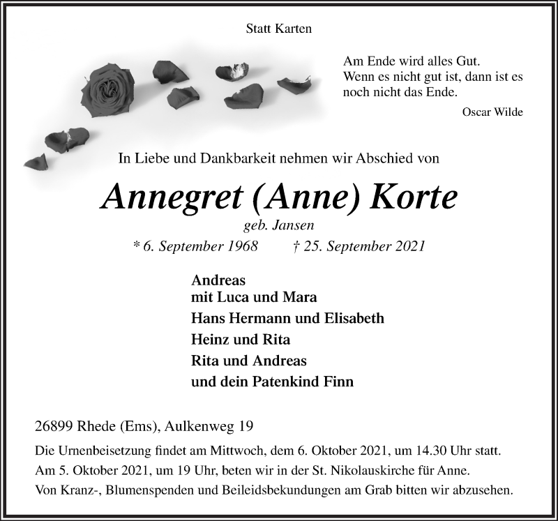  Traueranzeige für Annegret Korte vom 30.09.2021 aus Neue Osnabrücker Zeitung GmbH & Co. KG