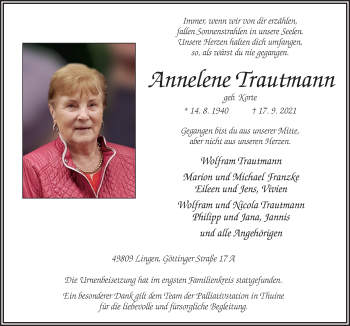 Traueranzeige von Annelene Trautmann von Neue Osnabrücker Zeitung GmbH & Co. KG