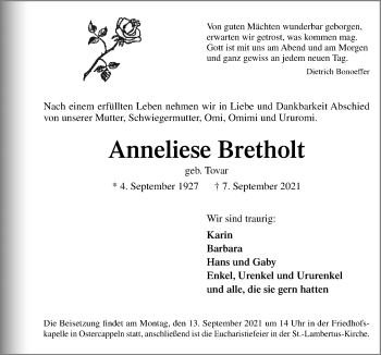 Traueranzeige von Anneliese Bretholt von Neue Osnabrücker Zeitung GmbH & Co. KG