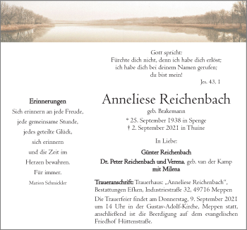 Traueranzeige von Anneliese Reichenbach von Neue Osnabrücker Zeitung GmbH & Co. KG