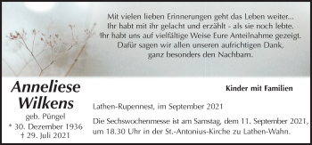 Traueranzeige von Anneliese Wilkens von Neue Osnabrücker Zeitung GmbH & Co. KG