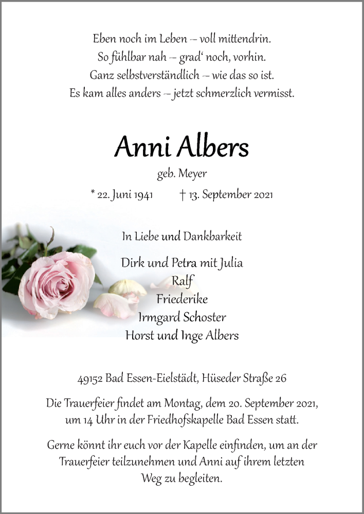  Traueranzeige für Anni Albers vom 16.09.2021 aus Neue Osnabrücker Zeitung GmbH & Co. KG