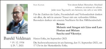 Traueranzeige von Bareld Veldman von Neue Osnabrücker Zeitung GmbH & Co. KG