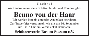 Traueranzeige von Benno von der Haar von Neue Osnabrücker Zeitung GmbH & Co. KG