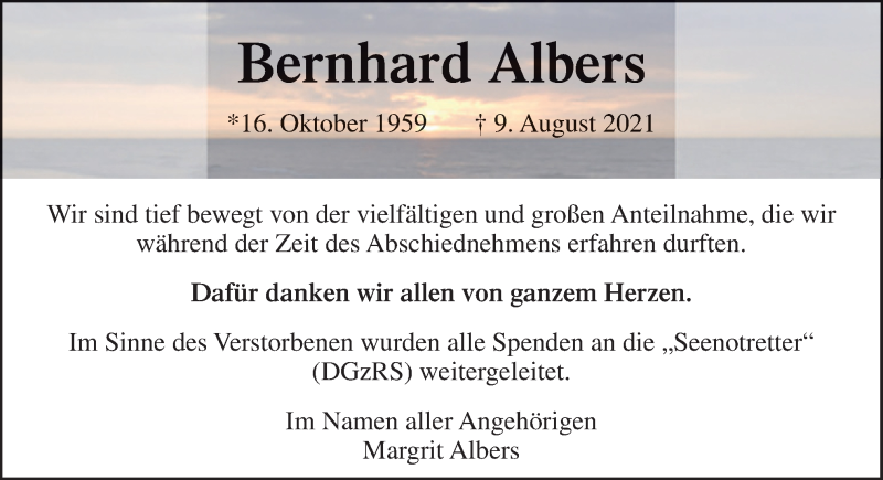  Traueranzeige für Bernhard Albers vom 25.09.2021 aus Neue Osnabrücker Zeitung GmbH & Co. KG