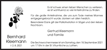 Traueranzeige von Bernhard Kleemann von Neue Osnabrücker Zeitung GmbH & Co. KG