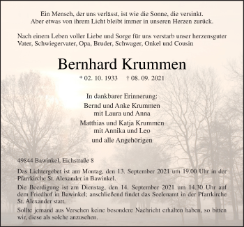 Traueranzeige von Bernhard Krummen von Neue Osnabrücker Zeitung GmbH & Co. KG