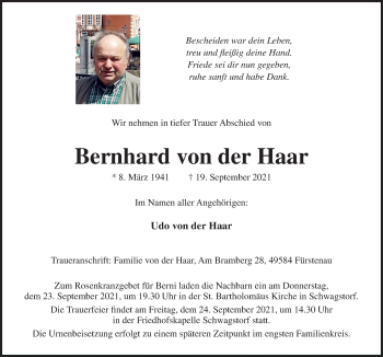 Traueranzeige von Bernhard von der Haar von Neue Osnabrücker Zeitung GmbH & Co. KG