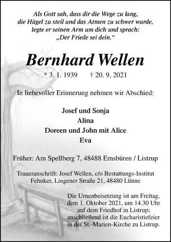 Traueranzeige von Bernhard Wellen von Neue Osnabrücker Zeitung GmbH & Co. KG