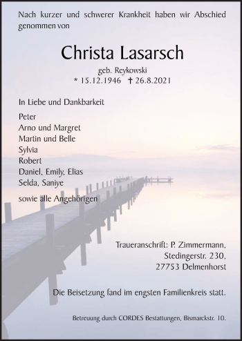 Traueranzeige von Christa Lasarsch von Neue Osnabrücker Zeitung GmbH & Co. KG