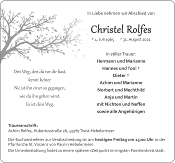 Traueranzeige von Christel Rolfes von Neue Osnabrücker Zeitung GmbH & Co. KG