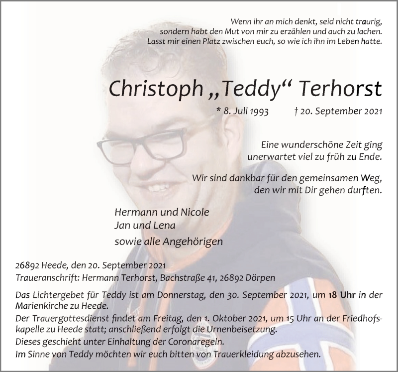  Traueranzeige für Christoph Terhorst vom 25.09.2021 aus Neue Osnabrücker Zeitung GmbH & Co. KG