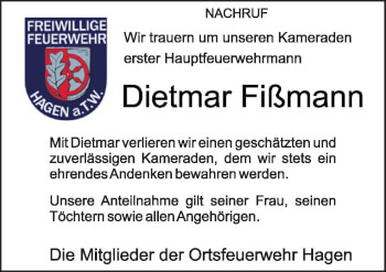 Traueranzeige von Dietmar Fißmann von Neue Osnabrücker Zeitung GmbH & Co. KG
