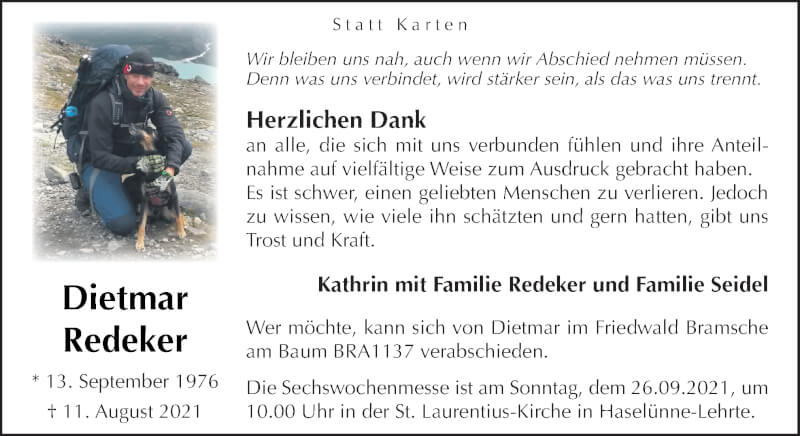  Traueranzeige für Dietmar Redeker vom 17.09.2021 aus Neue Osnabrücker Zeitung GmbH & Co. KG