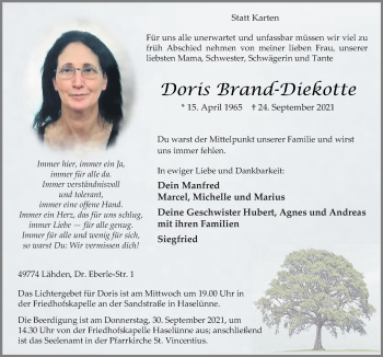 Traueranzeige von Doris Brand-Diekotte von Neue Osnabrücker Zeitung GmbH & Co. KG