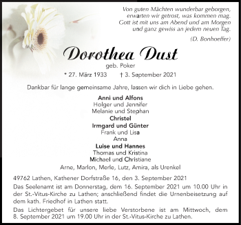 Traueranzeige von Dorothea Dust von Neue Osnabrücker Zeitung GmbH & Co. KG