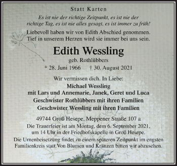 Traueranzeige von Edith Wessling von Neue Osnabrücker Zeitung GmbH & Co. KG