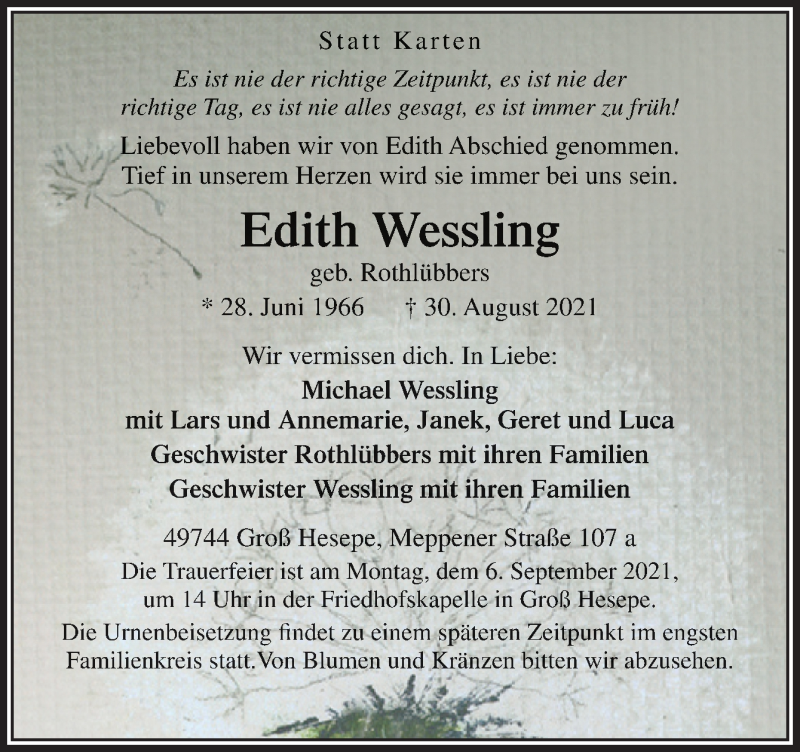  Traueranzeige für Edith Wessling vom 03.09.2021 aus Neue Osnabrücker Zeitung GmbH & Co. KG