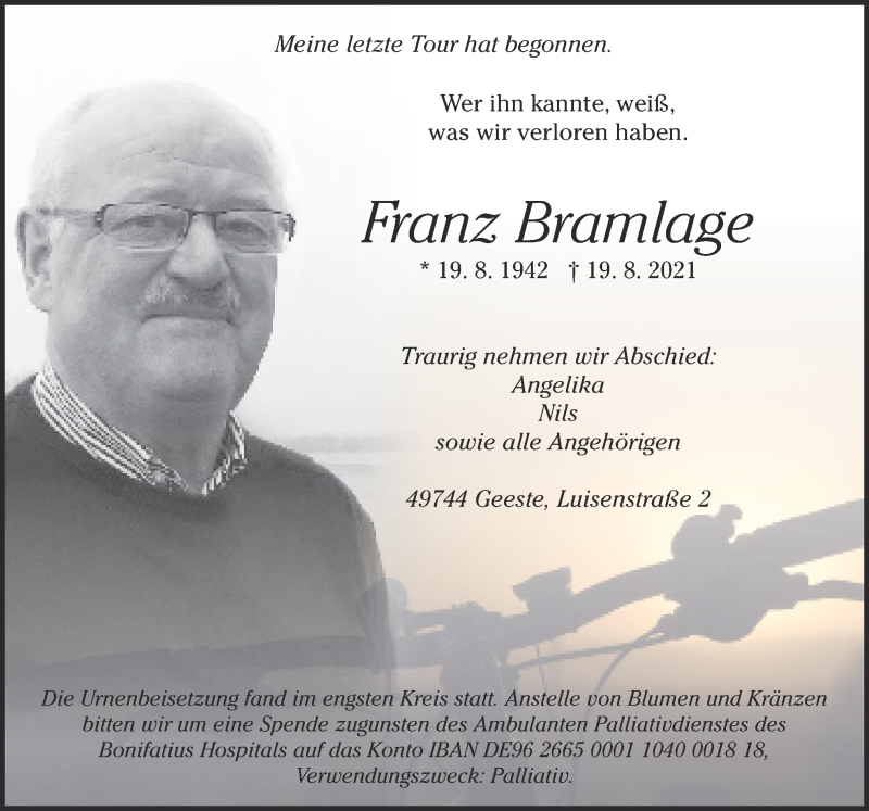  Traueranzeige für Franz Bramlage vom 02.09.2021 aus Neue Osnabrücker Zeitung GmbH & Co. KG
