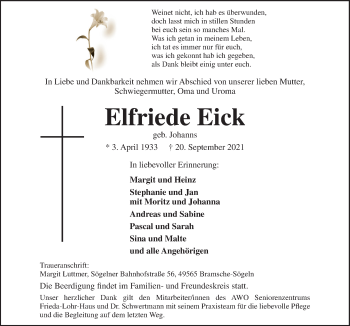 Traueranzeige von Elfriede Eick von Neue Osnabrücker Zeitung GmbH & Co. KG