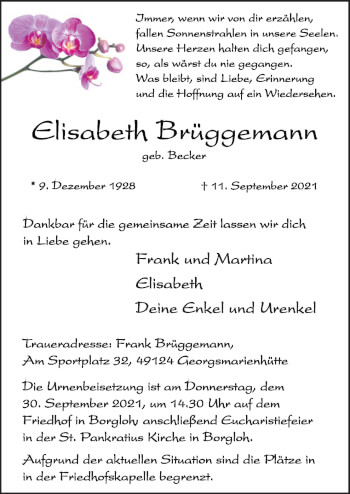 Traueranzeige von Elisabeth Brüggemann von Neue Osnabrücker Zeitung GmbH & Co. KG