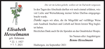Traueranzeige von Elisabeth Hesselmann von Neue Osnabrücker Zeitung GmbH & Co. KG