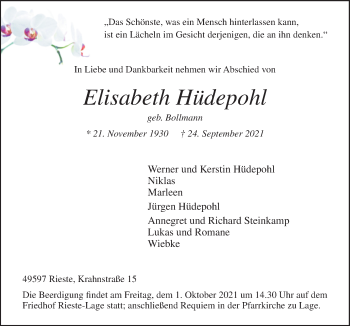 Traueranzeige von Elisabeth Hüdepohl von Neue Osnabrücker Zeitung GmbH & Co. KG