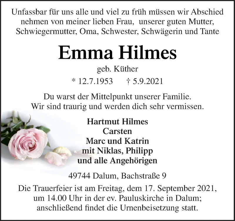  Traueranzeige für Emma Hilmes vom 14.09.2021 aus Neue Osnabrücker Zeitung GmbH & Co. KG